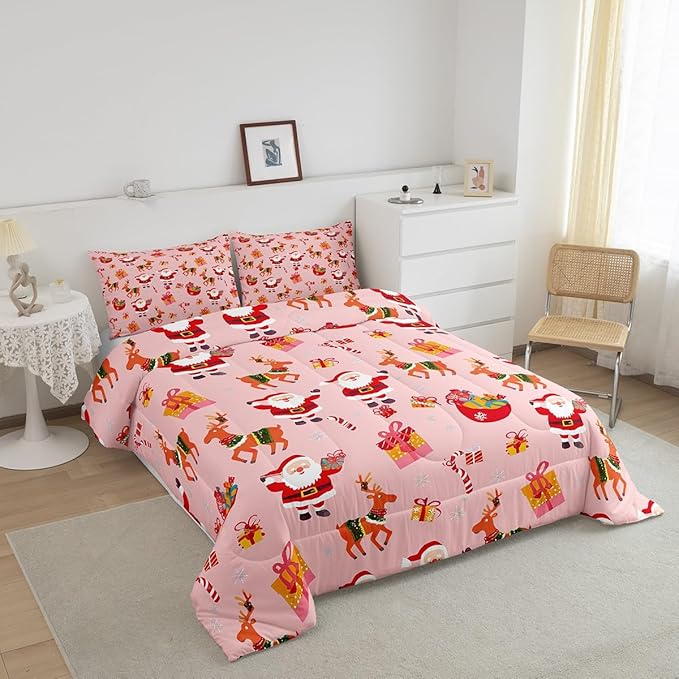 Feelyou Christmas Bedding Set for Kids Boys Girls Toddler Size Santa Claus Comforter Set Ultra Soft Xmas Deer Elk Decor Comforter Duvet Quilt Bedroom Decor Christmas Decor Quilt