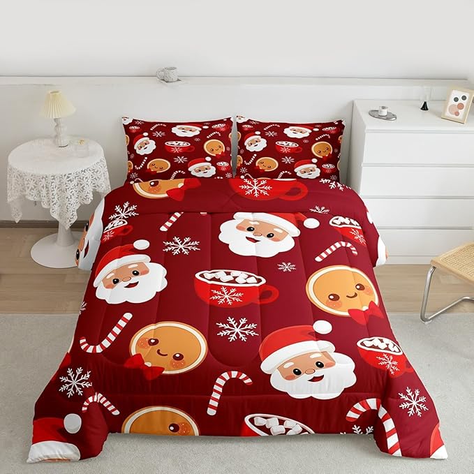 Feelyou Merry Christmas Comforter Set Twin Size Santa Claus Bedding Set for Kids Boys Girls Gingerbread Man Duvet Quilt Snowflake Bedroom Decor Microfiber 2 Pcs with 1 Pillow Cases