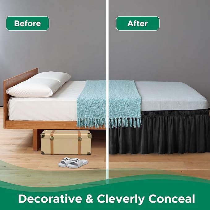 Biscaynebay Wrap Around Bed Skirts for King & Cal King Beds 15" Drop, Black Adjustable Elastic Dust Ruffles Easy Fit Wrinkle & Fade Resistant Silky Luxurious Fabric Machine Washable