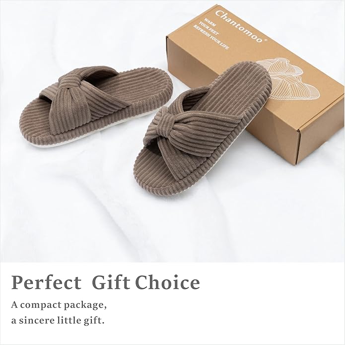 Chantomoo Slippers for Women Memory Foam House Bedroom Corduroy Bow Crossbands Slipper Shoes Comfy Trendy Gift Slippers