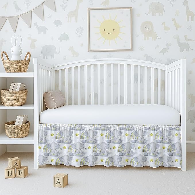 Cottington Lane Crib Skirt Dust Ruffle, 100% Natural Cotton, Soft, Durable Nursery Crib Toddler Bedding Skirt for Baby Girls or Boys, Fits Standard Cribs 28" x 52" with 14" Drop, Rainbow Safari