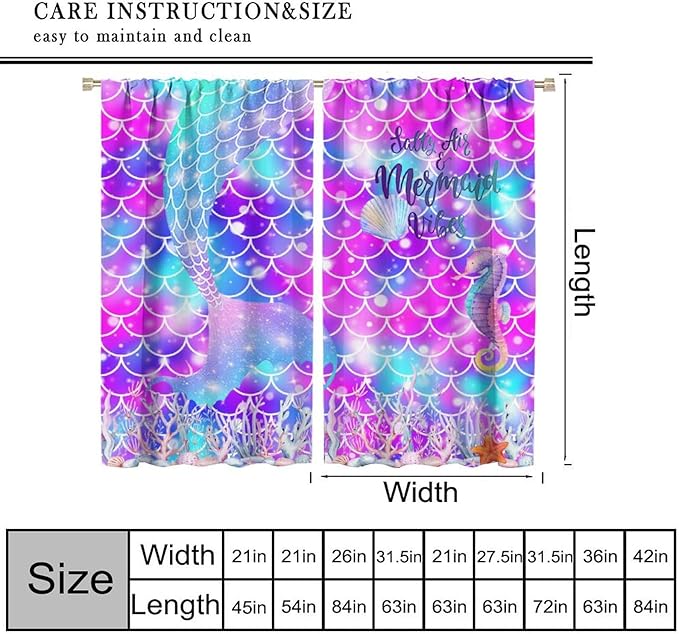 Dream Mermaid Curtains for Kids Boys Girls Ocean Theme Colorful Rainbow Fish Tail Blackout Window Treatment for Bedroom Nursery Room Decor Window Drapes 63" W X 63" L