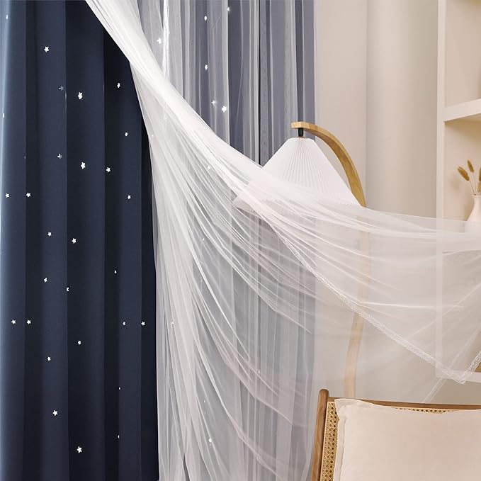 Kinryb Kids Blackout Curtains for Bedroom/Living Room/Classroom, Sheer Overlay 2 Free Tiebacks, Double Layer Curtains with Star Cutout for Kids Room(Each Piece W70xL95 Inches 2 Pcs Stone Blue)