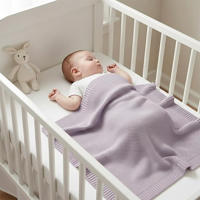 Baby Knit Blanket Soft Cotton Lightweight Newborn Blanket for Crib Stroller Toddler Nursery Shower Gift Cozy Breathable Travel Swaddle Wrap Lilac 36 x 28 Inches