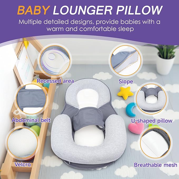 Baby Lounger Pillow, Portable Rest Nest Baby Bed, Multi-Functional Infant Lounger, Soft Non-Slip, Comfortable and Breathable, Tummy Time