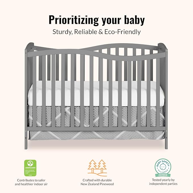 Dream On Me Chelsea 5-in-1 Convertible Full-Size Baby Crib in Steel Grey, GreenGuard Gold & JPMA, Pinewood, 4 Mattress Heights, Converts to Toddler, Day & Full-Size Bed, Modern Classic Nursery
