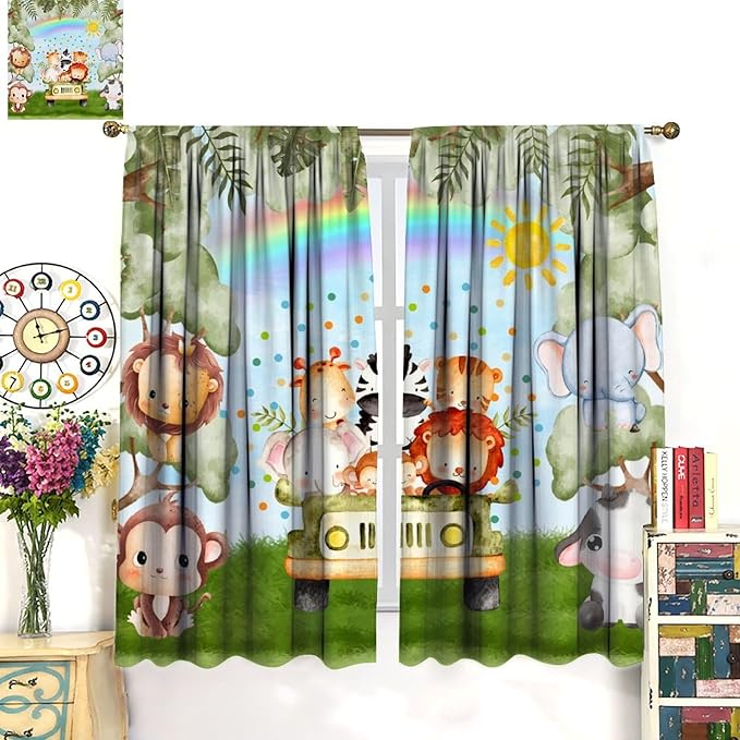 Woodland Kids Curtains Rustic Woodland Wild Animals Watercolor Forest Rainbow Sun Window Draeps for Baby Girls Boys Kids Nursery Bedroom Living Room 2 Panels, 55x63 Inch