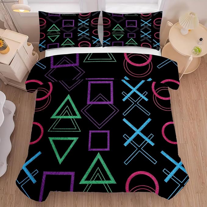 Game Comforter Set Twin Size Geometric Bedding for Kids Boys Men Black Abstract Bedroom Decor Quilt Bed Sets, 1 Comforter 1 Pillowcase