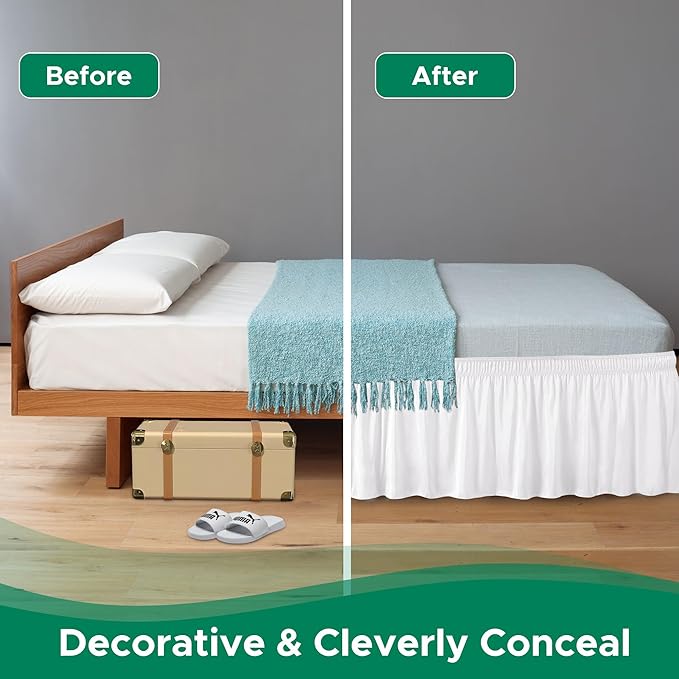 Biscaynebay Wrap Around Bed Skirts for Twin & Twin XL Beds with Short Drop of 12", White Adjustable Elastic Dust Ruffles Easy Fit Wrinkle Resistant Silky Luxurious Fabric Machine Washable