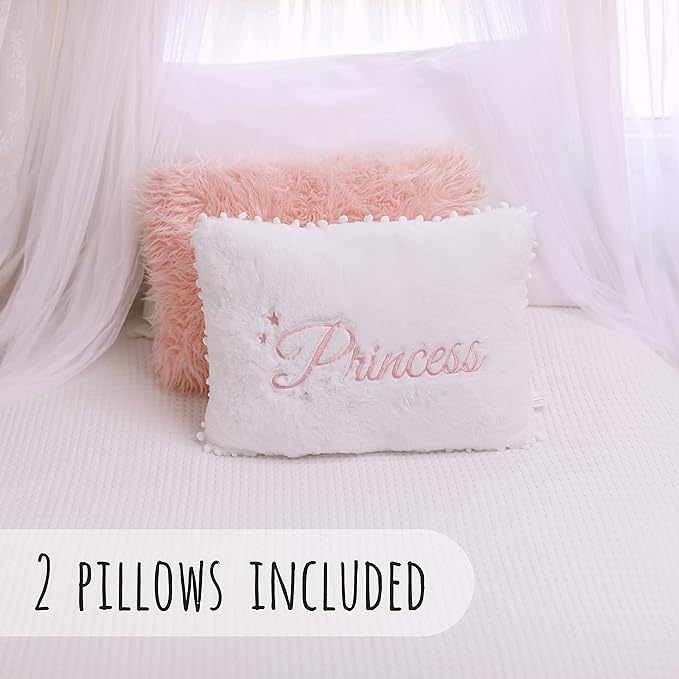 Perfectto Design Set of 2 Decorative Pillows for Toddler Kids Room. White Fluffy Princess Embroidered and Furry Pink Faux Fur Pillow. Soft and Plush Throw Pillows for Kid’s Bedroom Décor