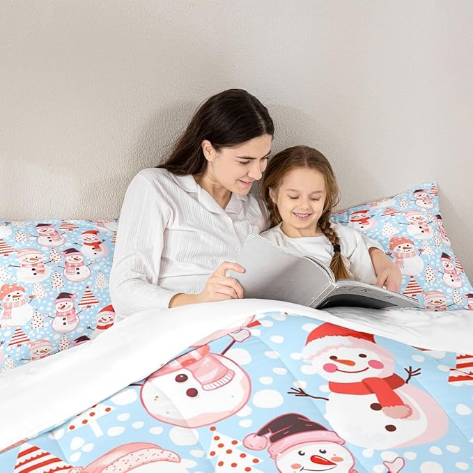 Manfei Christmas Comforter Set Queen Size, Snowman and Xmas Trees Bedding Set 3pcs for Kids Girls Adults Bedroom Decor, New Year Blue Down Comforter Soft Polyester Quilt Set with 2 Pillowcases