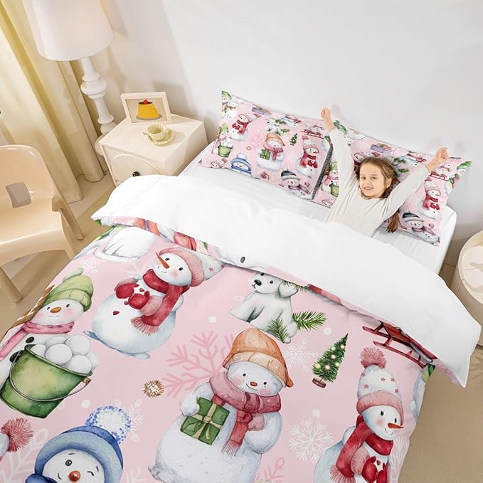 Manfei Christmas Duvet Cover Set Full Size, Cute Snowman Dogs Snowflake Comforter Cover with 2 Pillowcases, New Year Pink Bedding Set 3pcs for Kids Boys Girls Lightweight Bedspread Cover,No Comforter