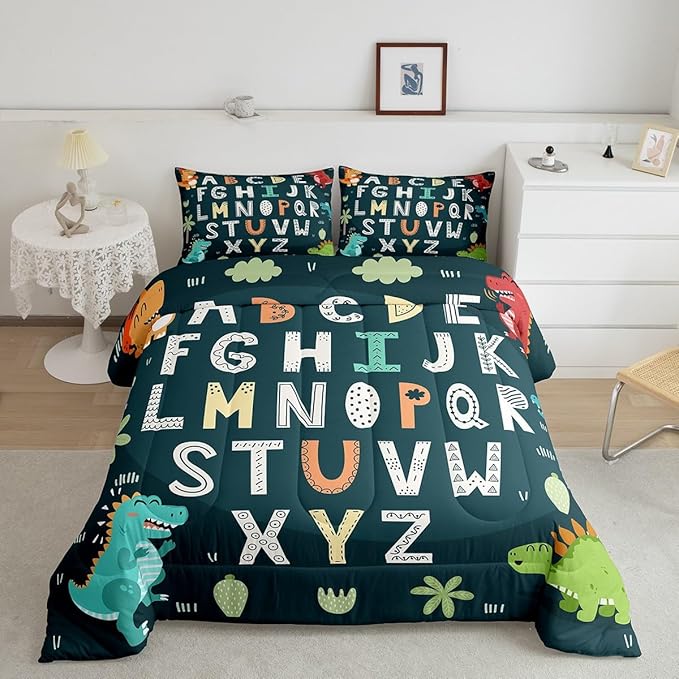 Feelyou Alphabet Kids ABC Learning Bedding Set King Size, Cartoon Dino Comforter Kids Educational Nursery Art Comforter Set for Boys Girls Jungle Dino Duvet Set Durable Bed Set 3Pcs