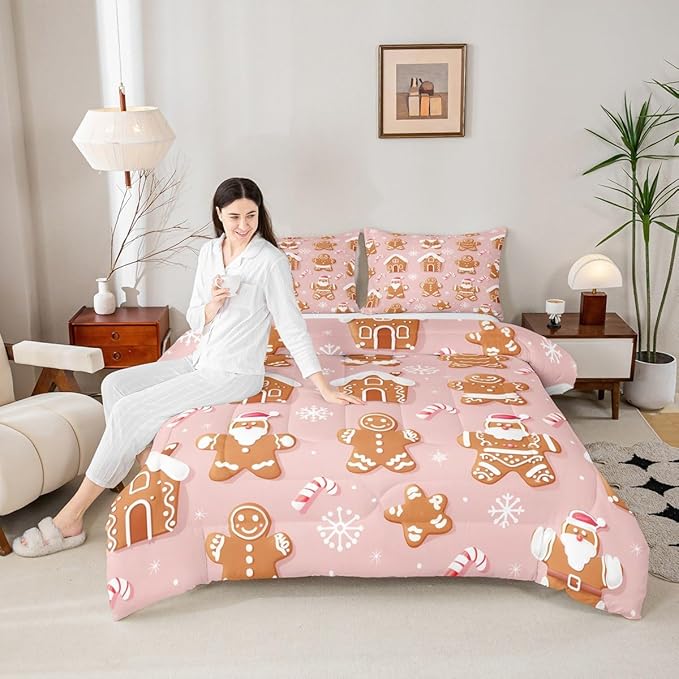 Feelyou Christmas Comforter Set All Season Gingerbread Man Bedding Set with 1 Pillow Cases Santa Microfiber Kids Toddler Bedclothes Snowflake Bedroom Decor Duvet Quilt Breathable Soft Lightweight