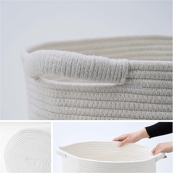 Blanket Basket - Woven Round Rope Storage Basket (16"Wx14"H) for Blankets & Throws, Small Laundry & Toy Organizer, Decorative Living Room & Bedroom Cotton Basket - All White