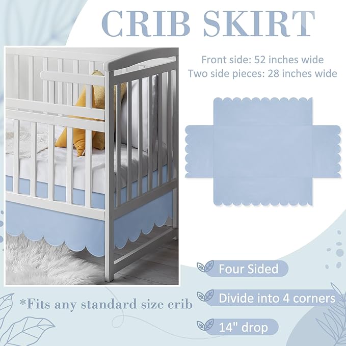 Blue Scalloped Crib Skirt 28"x 52" with 14" Drop Pleated Dust Ruffle with Split Corners for Baby Boys Girls Soft 4-Sided Crib Bed Skirt Nursery Standard Toddler Bedding