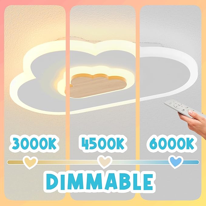 LED Ceiling Light Fixture 15.7in Dimmable Children Cloud Lights for Ceiling with Remote Control 20W Creative Wooden Bedroom Ceiling Lamp for Kids Room Bedroom Living Room