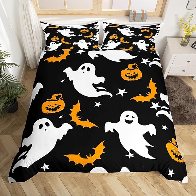 Halloween Bedding Duvet Cover Set Kids Cartoon Ghost Pumpkin Lantern Bedding Set Kids Trick or Treat Decor Comforter Cover Set Microfiber Bat Galaxy Night Bedspread Cover Bedroom Bedclothes Toddler