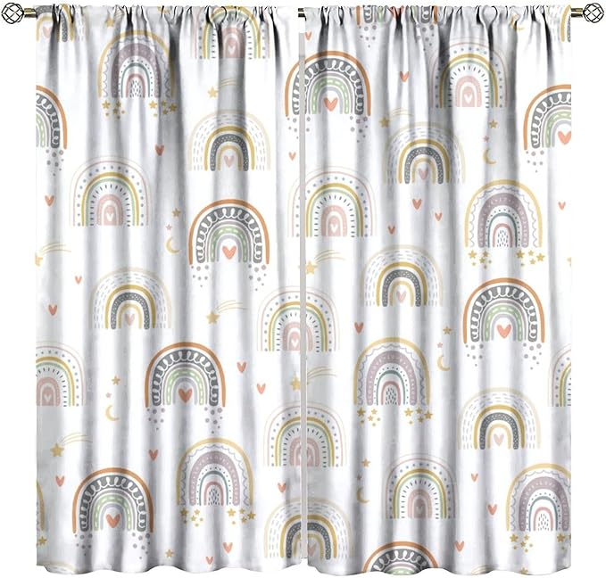 Kids Rainbow Curtains Boho Cartoon Colorful Stars Love Heart Lovely Abstract Art Pattern Print Window Drapes for Girl Bedroom Living Room Kitchen Decor,2 Panel Set,42Wx63H Inch Blackout