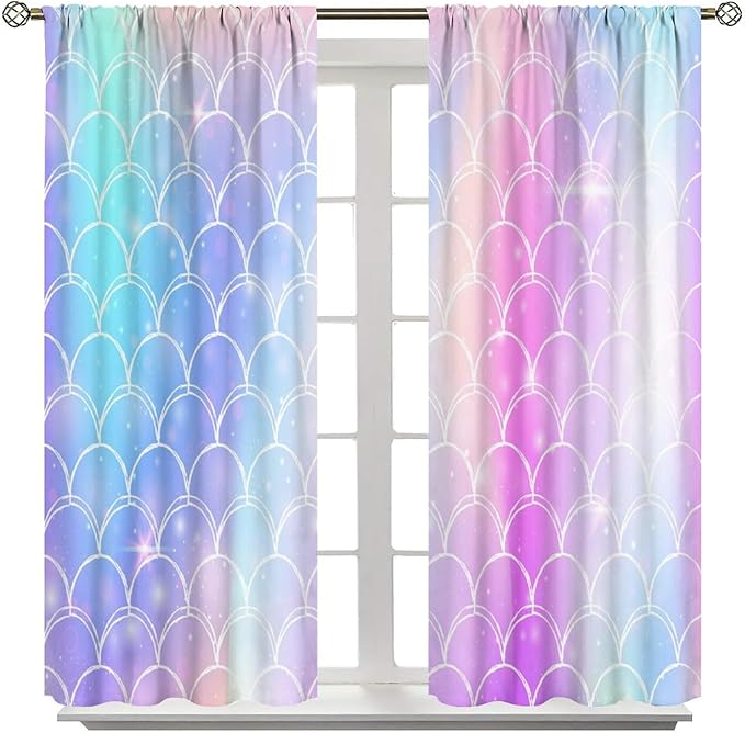 Mermaid Blackout Curtains, Kids Cartoon Blue and Pink Ocean Mermaid Scale Pattern Decoration for Girls Bedroom Nursery Curtains 72x63 Inch
