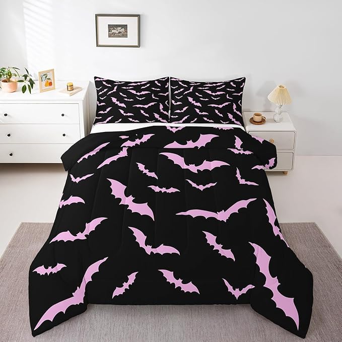Erosebridal Halloween Bedding Set King Size for Kids Boys Youth Pink Bats Comforter Set Happy Holiday Gothic Quilt with 2 Pillow Cases Spooky Animal Bedding Comforter Sets