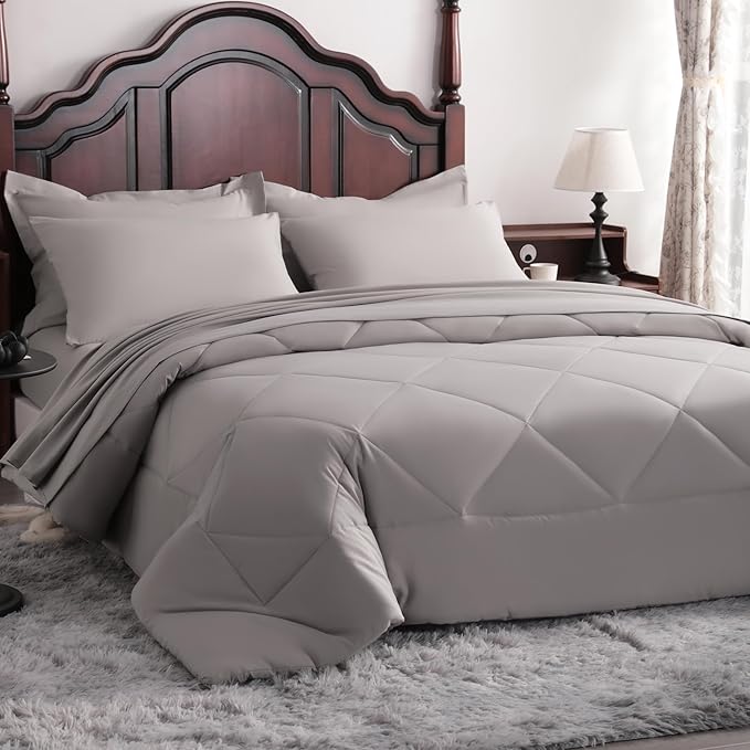 NTBAY King Comforter Set with Sheets, 7 Pieces Soft and Breathable King Bedding Set, Bed in a Bag, Down Alternative Comforter Set Solid Color All Season, Smoke Grey