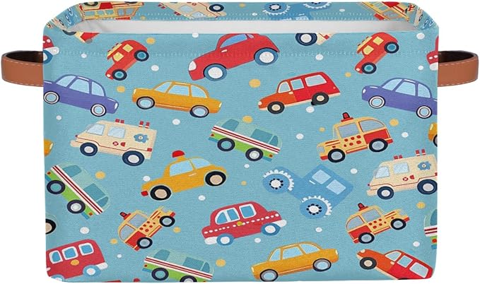 Cartoon Cars Storage Basket for Shelves, Storage Bins with Handles, Collapsible Basket for Organizing, Closet Toy Baskets for Nursery Room, 15x11x9.5 in, Canvas, Cute Cars Trucks