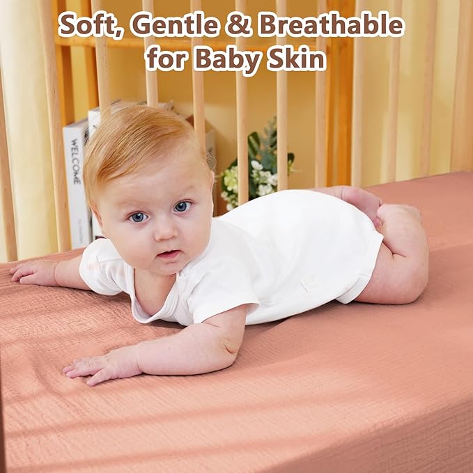 Muslin Crib Sheet – 100% Cotton Baby Fitted Sheet for Boys & Girls, Ultra Soft & Breathable, Snug Fit with 360° Elastic, Fits Standard Crib Mattress 28" x 52" & Toddler Beds.