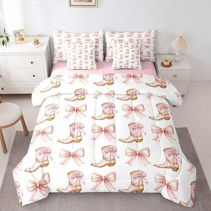 7 Pieces Western Cowgirl Comforter Set King,Pink Bowknot Cowgirl Boots Rustic Farmhouse Bedding Set,Bow Tie Geometric Patchwork Golden（Comforter+Fitted+Flat Sheet+2 Pillowcases+2 Throw Pillow Covers）