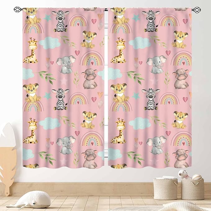 Kids Safari Animals Curtains, Cartoon Giraffe Elephant Monkey Woodland Jungle Pink Window Drapery Treatments for Boys Girls Baby Living Room Bedroom Nursery Classroom 2 Panels, 84"x84" Inch