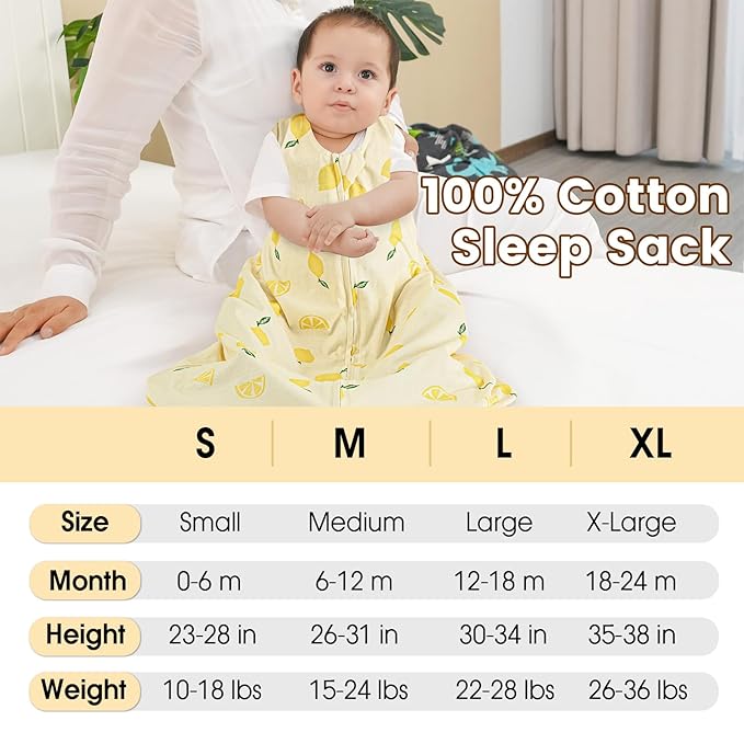 PHF Soft Baby Sleep Sack 12-18 Months 100% Organic Cotton Wearable Blanket, 2-Way Zipper 0.5 TOG Toddler Sleeping Sack 3 Pack, Comfy Sleep Bag for Baby Boys Girls, Lemon (Large)
