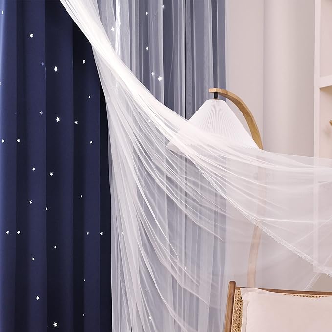 Kinryb Kids Star Cutout Curtains for Bedroom/Living Room/Classroom,2 Free Tiebacks Sheer Overlay 95 Inches 2 Panel Set, Double Layer Curtains for Kids Room(W52xL95 Inches,Navy Blue 2 Pcs)