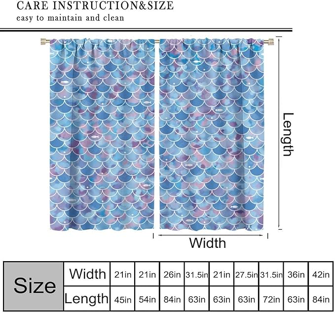 Mermaid Blackout Curtains, Kids Cartoon Blue and Pink Ocean Mermaid Scale Pattern Decoration for Girls Bedroom Nursery Curtains 84x84 Inch