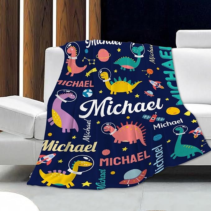 Dinosaur Lover Personalized Blanket with Custom Baby Dinosaur Custom Name Flannel Blanket Soft Throw Meaningful Gift for Toddlers Girls Boys Kids Pets 120 * 90" XL for Family