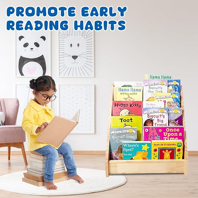 TONGMO 5-Tier Montessori Bookshelf - Front Facing Kids Bookshelf with Back Storage, Perfect for Toddler, Children's Room, and Reading Nook (Natural)