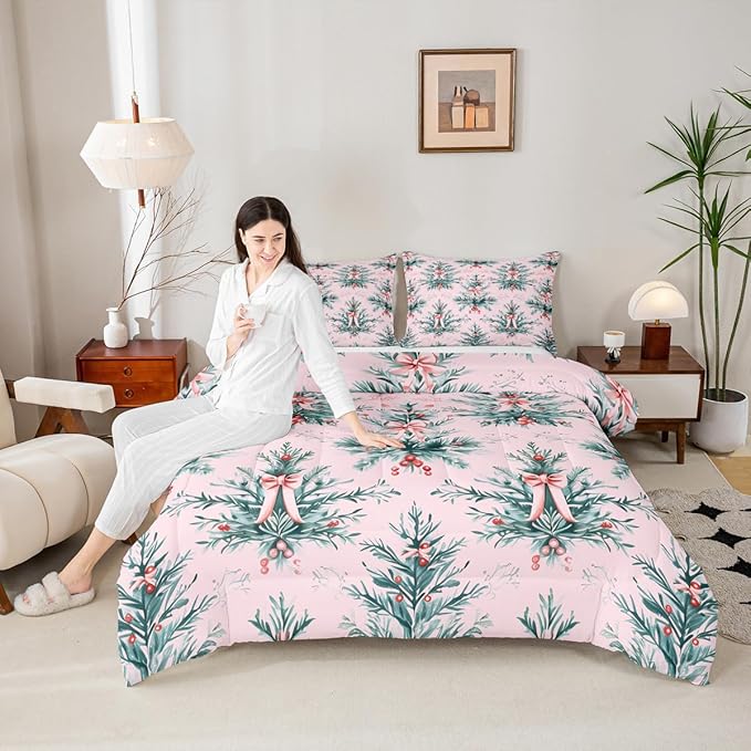 Feelyou Merry Christmas Kids Comforter Set Full Size Green Xmas Tree Bedding Set Pink Bow Duvet Quilt for Kids Boys Girls Bedroom Decor Microfiber Ultra Soft Breathable