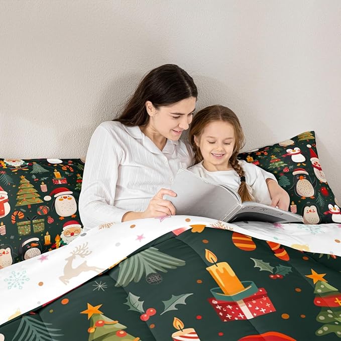 Feelyou Christmas Bedding Set Soft for Boys Girls, Penguin Santa Comforter Set Full Size Xmas Tree Snowflake Duvet Quilt Microfiber New Year Gift Bedroom Decor 3 Pcs with 2 Pillow Cases