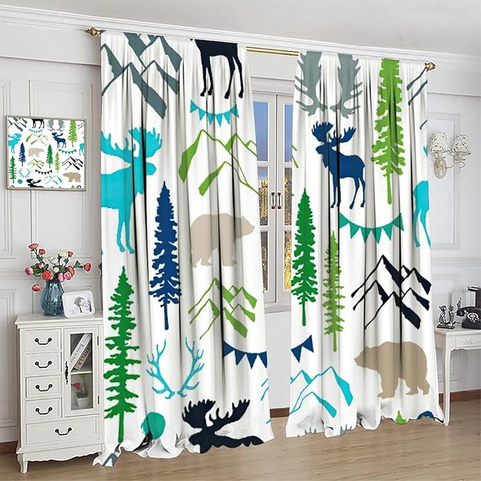 Forest Woodland Curtains, Wild Nature Bear Moose Deer Pine Trees Mountain Cabin Lodge Blackout Rod Pocket Windows Door Curtain for Bedroom Living Room Home Decor 42x63in