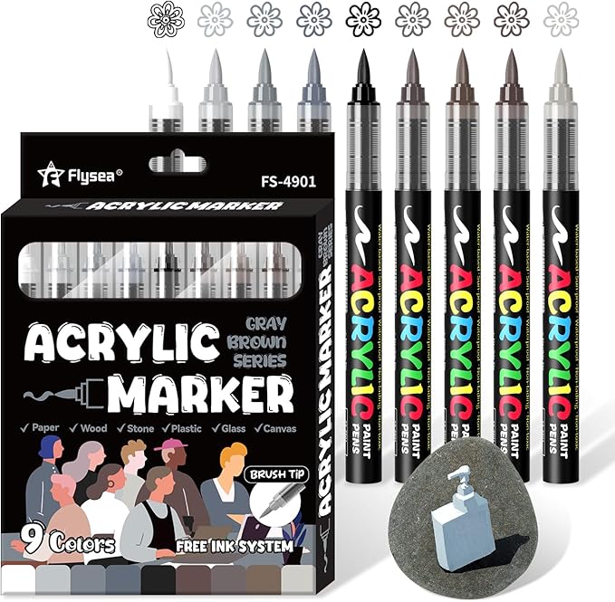 Paint Pens Acrylic Markers - 9 Gray Brown Series Brush Tip Water Based Marker Pens for Rock Painting, Wood, Ceramic, Glass, Acrylic Paint Markers for Egg Pumpkin