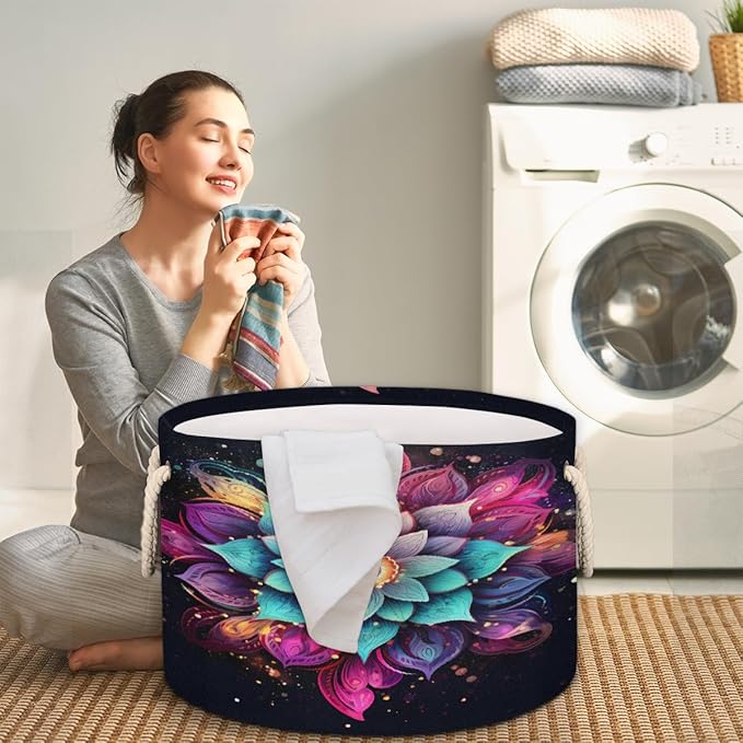 Galaxy Ethnic Mandala Round Storage Basket for Laundry & Toys, Lightweight Fabric Laundry Hamper with Handles, Foldable Large Organizer Bin for Bedroom Bathroom Nursery Dorm