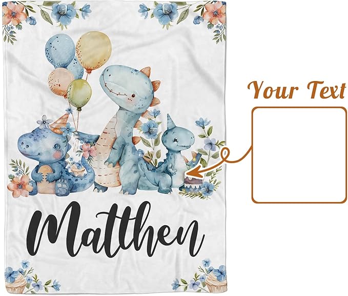 Personalized Baby Name Blanket for Boy Girl, Soft Flannel Blanket with Double Layer Dotted Backing for Infant Newborn, Nursery Crib with Dinosaur Design, Customized Gifts for New Mom(60" x80)