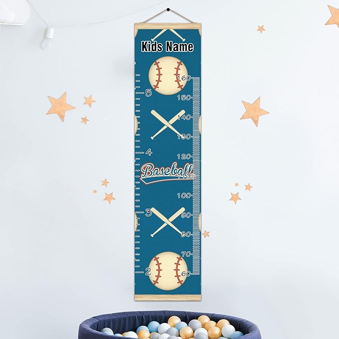 Personalized Kids Name Growth Chart Ruler for Wall Wood Frame Height Measure Chart 13.4x56 in Linen Hanging Height Growth Chart Baseball and Baseball Bat Sport Kids Room Decor