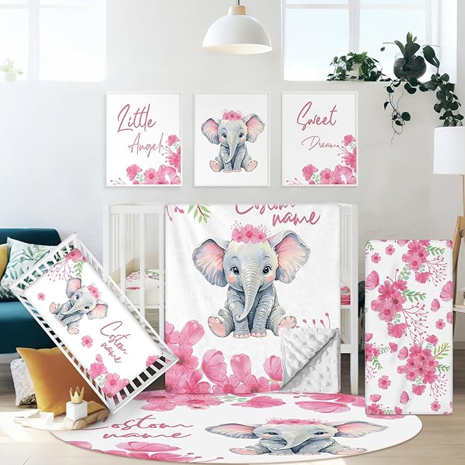 Personalized Nursery Bedding Set, 5 Pcs Custom Name Crib Bedding Set for Girls Boys, Pink Elephant Crib Set, Double Layer Baby Blanket with Dotted Backing, Customized Gift for Infant Toddler