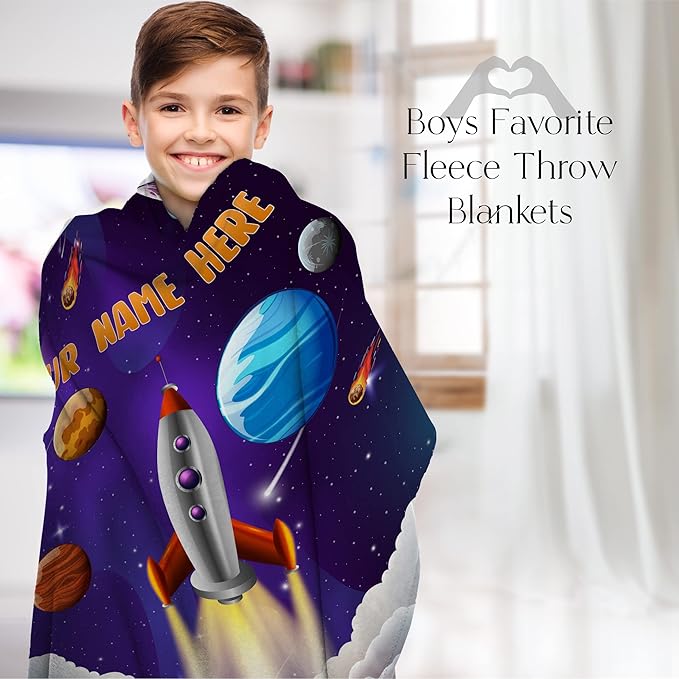 Rocket Ship Blanket for Kids, Cute Custom Name Throw for Boys and Girls, Fun Outer Space, Galaxy, and Planets, Soft and Plush, Birthday and Christmas, (Sherpa 50x60)