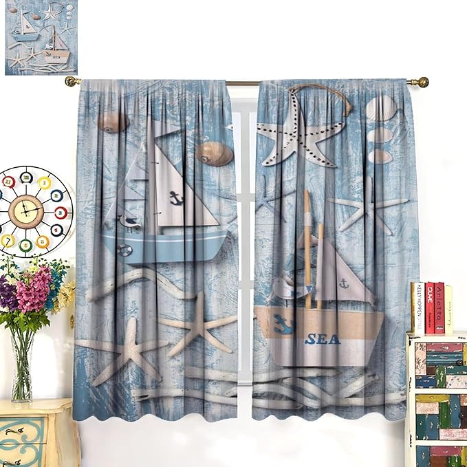 Nautical Curtain,Navy Anchor Sailing Map Starfish Seashells Bedroom Curtain,Waterproof Washable Fabric for Bedroom Decor Set 2 Panels,63x63 Inches, Beach