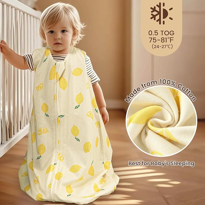 PHF Soft Baby Sleep Sack 12-18 Months 100% Organic Cotton Wearable Blanket, 2-Way Zipper 0.5 TOG Toddler Sleeping Sack 3 Pack, Comfy Sleep Bag for Baby Boys Girls, Lemon (Large)