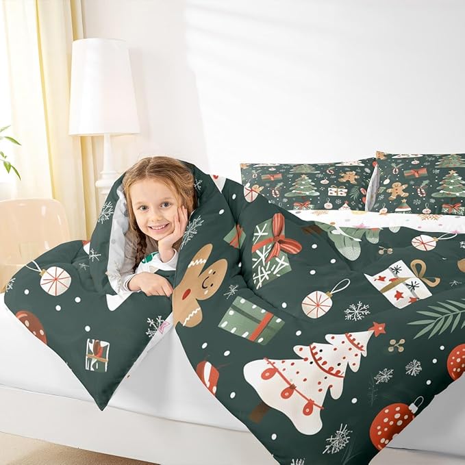 Feelyou Christmas Comforter Set Twin Size Xmas Tree Bedding Set for Kids Boys Girls Gingerbread Man Duvet Quilt New Year Gift Bedroom Decor Microfiber 2 Pcs with 1 Pillow Cases