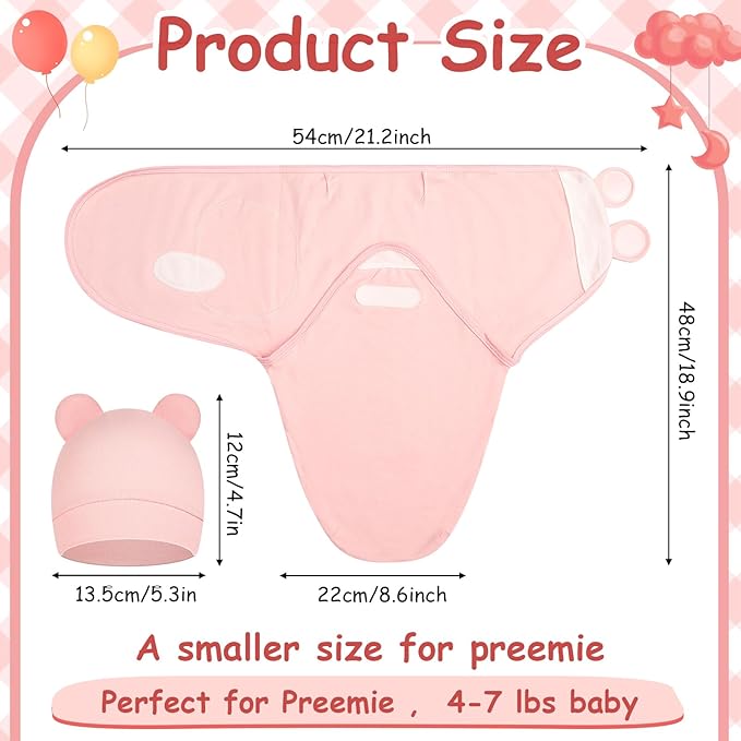Ramede 6 Pack Preemie Swaddle Blanket with Hats Sleep Swaddle for Baby Boy Girl Preemie Newborn Sacks Soft Cotton Wearable(Bear,Pink)