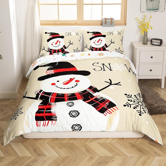 Manfei Kids Snowman Duvet Cover Set Queen Size, Black Snowflake Xmas Comforter Cover with 2 Pillowcases, Christmas Theme Bedding Set 3pcs for Boys Girls Adults New Year Bedspread Cover,No Comforter