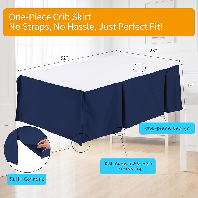 Crib Bed Skirt Dust Ruffle 100% Cotton - Natural, Soft, Breathable for Baby's Delicate Skin, Nursery Toddler Crib Bed Skirt for Baby Boys Girls, Fits Standard Cribs 28" x 52" with 14" Drop